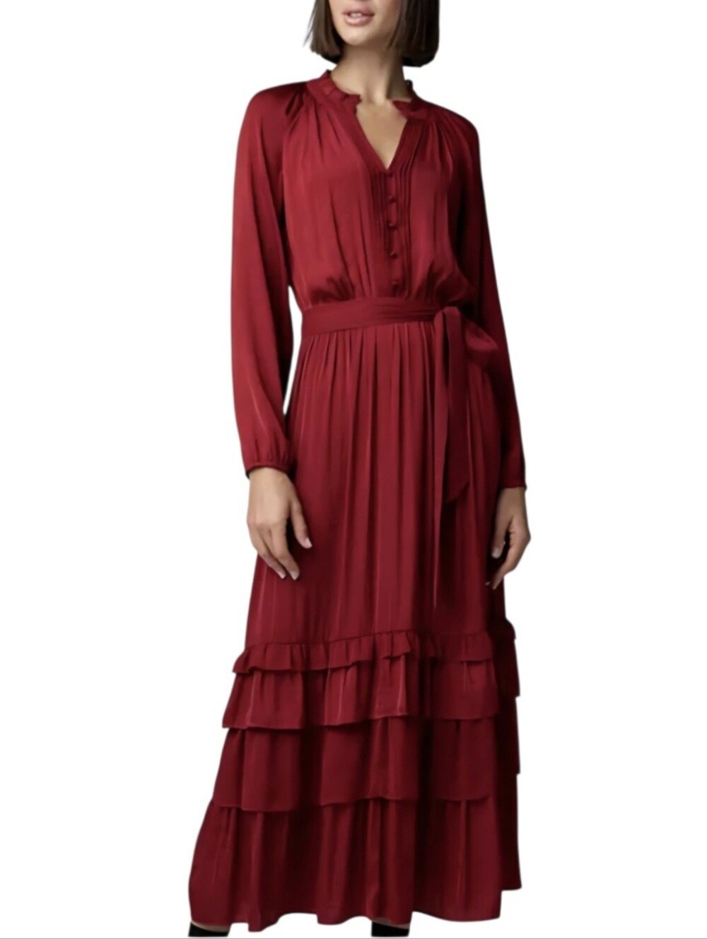 Simply Vera Vera Wang Tiered Ruffle Burgundy Romantic Boho-Chic Maxi Dress Sz M